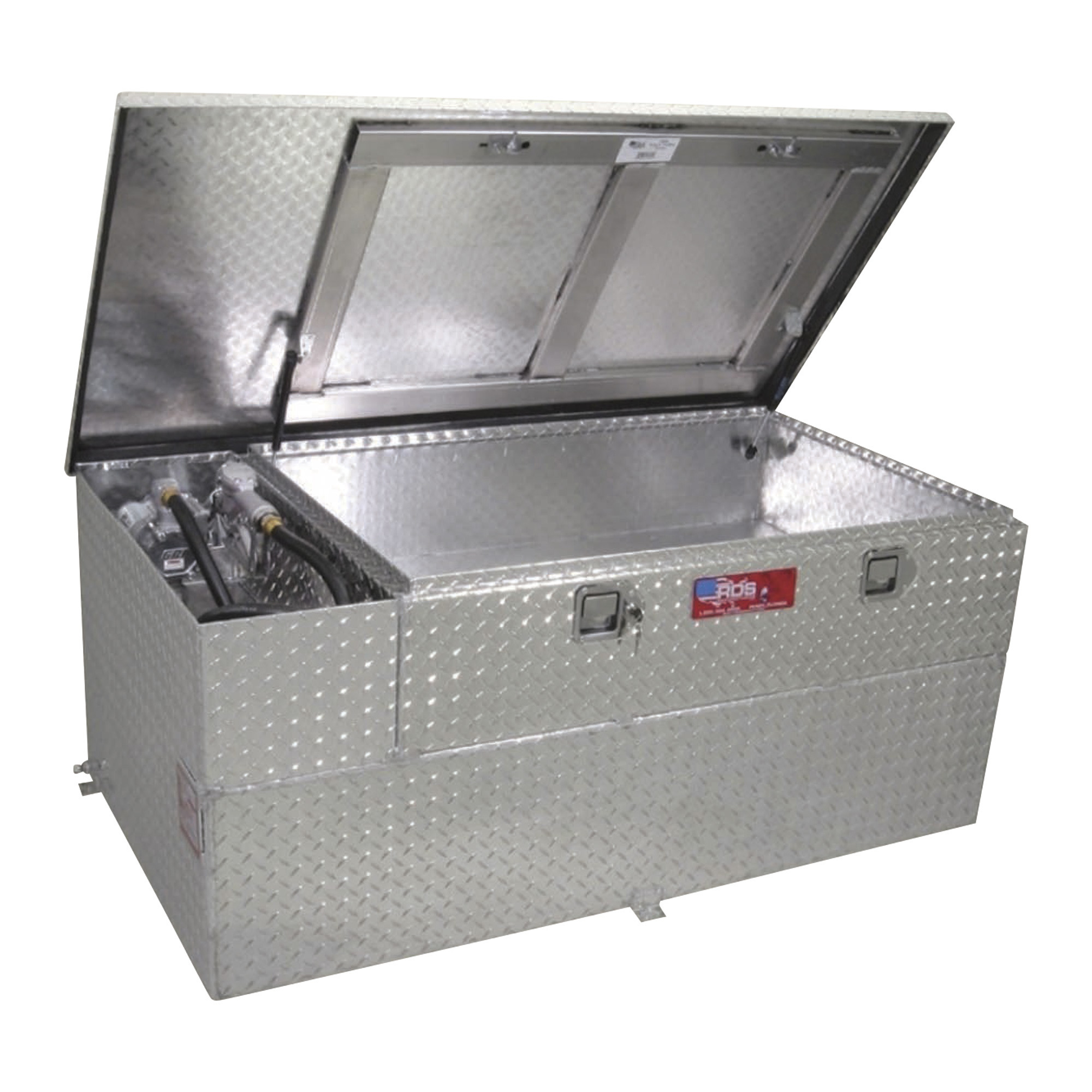 RDS Aluminum Transfer Fuel Tank Toolbox Combo with GPI 12V Fuel Transfer Pump, 70-Gallon, Rectangular, Diamond Plate, 8 GPM, Model# 73851